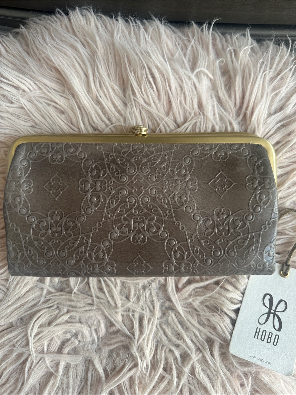 HOBO Embossed Clutch in Taupe with Brass Trim